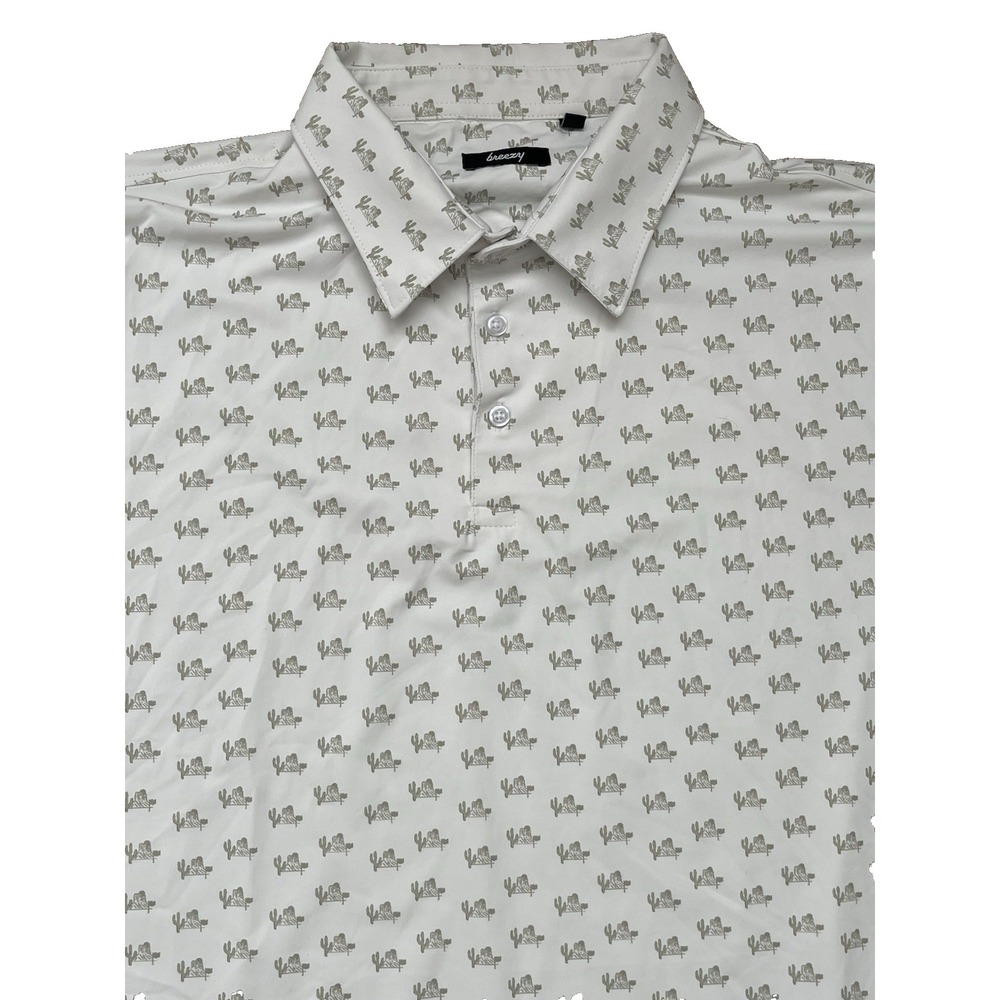 Breezy Mesa Mirage Polo Shirt White Green Cactus Pattern Performance Golf, XL